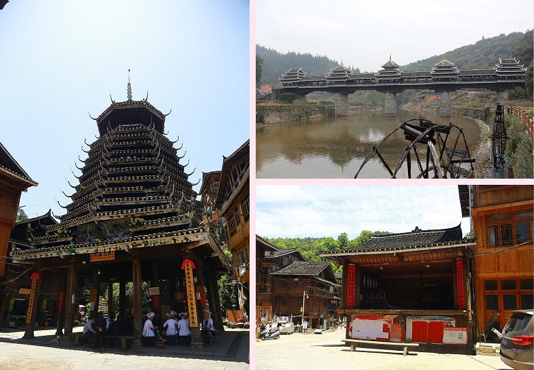 Drum tower (left), wind-and-rain bridge (top right), theatre stage (bottom right)